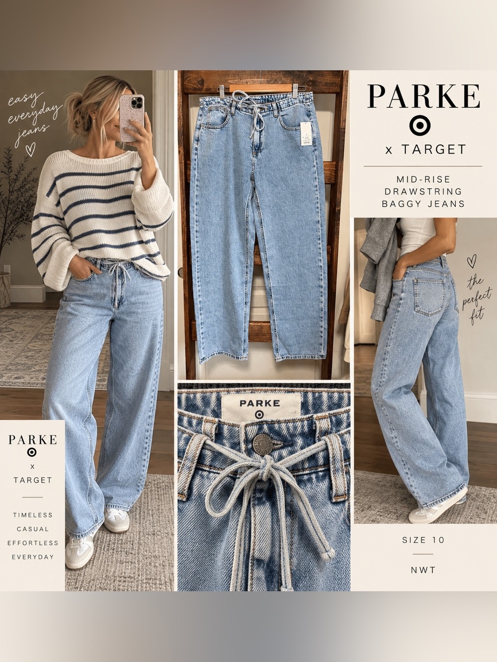 Parke x Target Mid Rise Drawstring Baggy Jeans Light Wash NWT 10